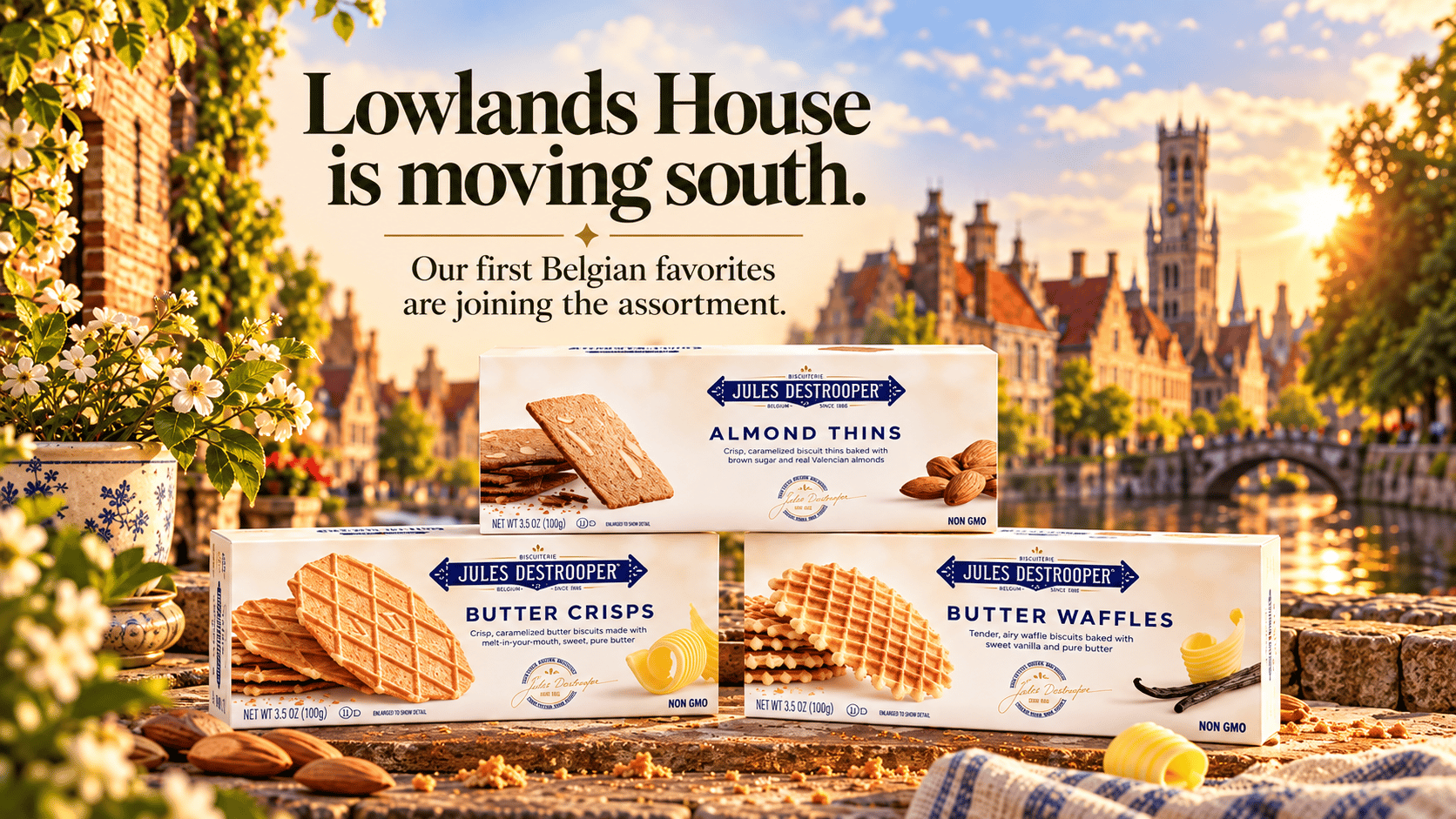 Lowlands House is moving south. Belgian almond thins, butter crisps, and butter waffles beside a canal at sunset.