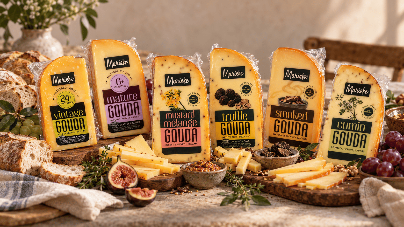 Marieke Gouda wedges — vintage, mature, mustard mélange, truffle, smoked, and cumin — on a rustic table with bread, figs, and grapes.