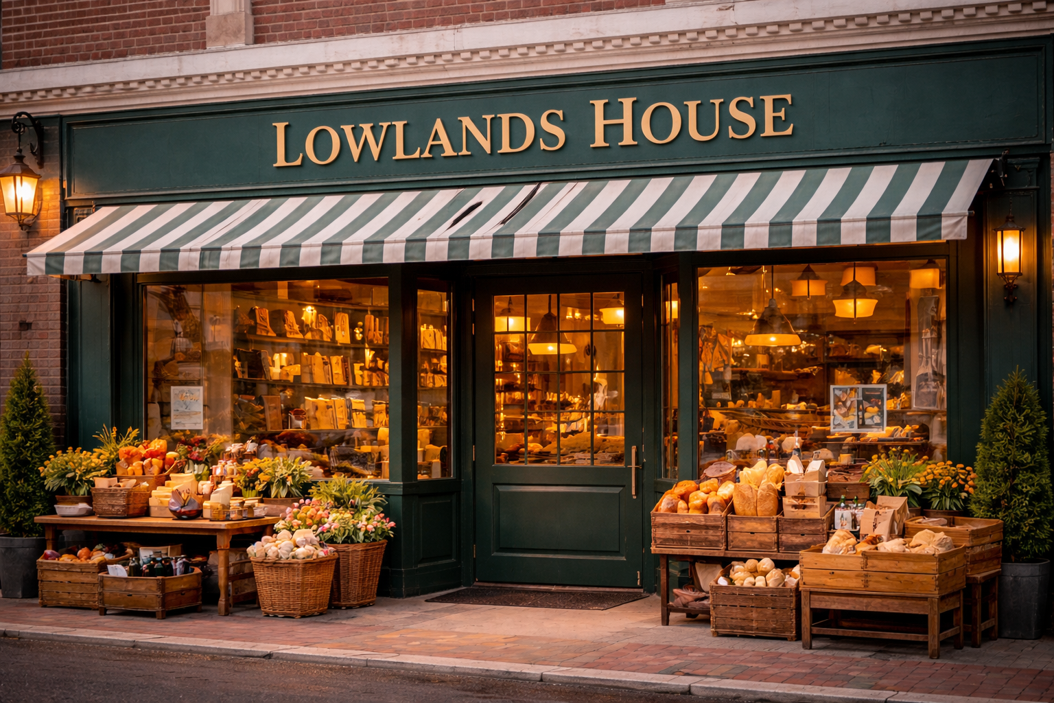 Lowlands House storefront with deep green facade, striped awning, and curated European grocery displays