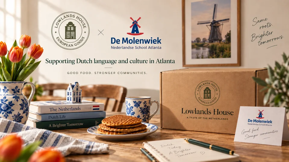 Lowlands House × De Molenwiek — supporting Dutch language and culture in Atlanta, with tulips, Delft ceramics, stroopwafels and Lowlands House packaging